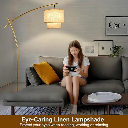 Lightdot Arc Floor Lamp for Living Room, Modern Standing Tall Lamps with Double Linen Shade, Tall Hanging Pole Lamp with Stable Base & Bulb Included for Bedroom/Sofa Beside/Corner Decor-Gold