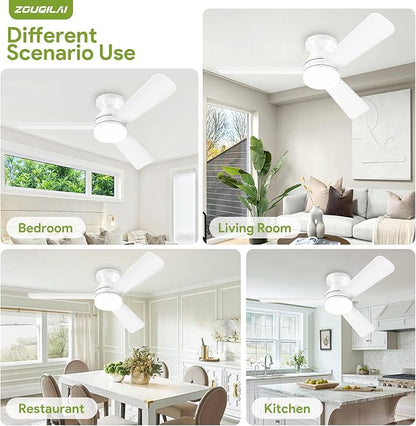 2 Pack 42" White Ceiling Fans with Lights and Remote, Low Profile Ceiling Fan with Light, Reversible DC Motors, 3CCT Dimmable Timer Noiseless, Flush Mount Ceiling Fan for Bedroom/Living Room
