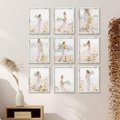 YESKAY 11x14 Picture Frame Set of 9, Photo Gallery Wall Frame Set Display Pictures 8x10 with Mat or 11 x 14 Without Mat, Multi Photo Frames for Wall Mounting or Table Top Display, Distressed White