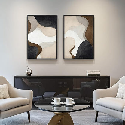 Framed Neutral Abstract Minimalist Wall Art, 2 Piece Large Modern Canvas Prints Paintings Artwork for Walls, Black Beige Brown Abstract Art Pictures for Living Room Dining Bedroom Wall Decor 20x30 In