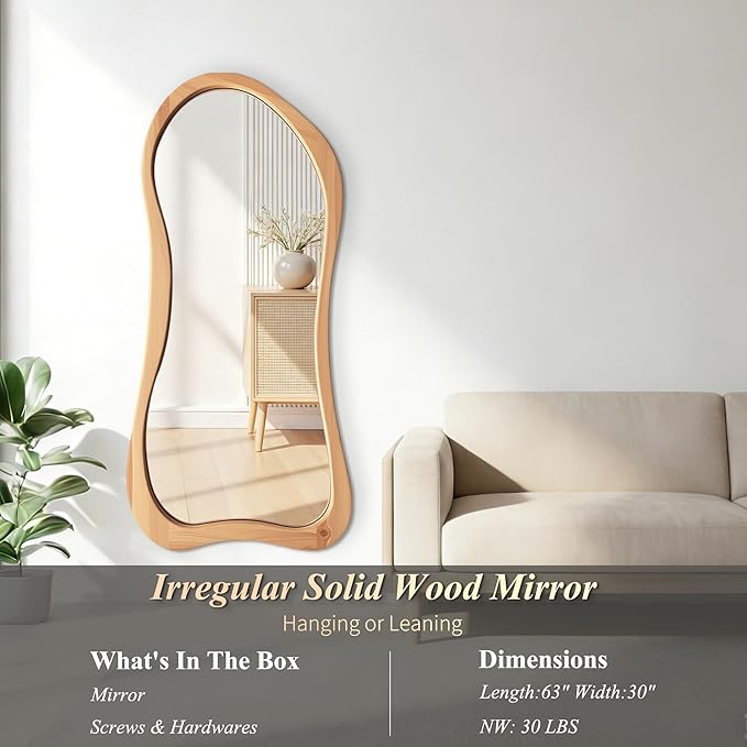 Large Irregular Mirror, 63"x30" Asymmetrical Aesthetic Mirrors with Solid Wood Frame, Premium Organic Shape Floor Mirror for Living Room Entryway Hallway Bedroom Cloakroom, Leaning/Hanging