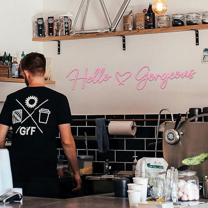 Hello Gorgeous Metal Wall Art Decor Pink Modern Hello Gorgeous Signs Farmhouse Metal Wall Art Hanging Decoration for Home Bathroom Living Room Bedroom Office Hotel Wall Decoration (Pink)