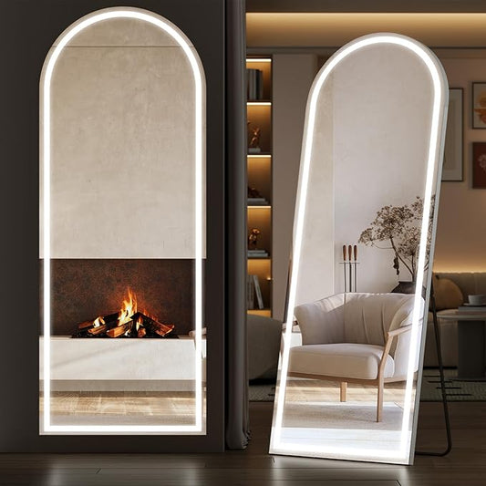 Sweetcrispy Arched Full Length Mirror with LED Lights, 71.3" x26.5 Lighted Floor Mirror with Dimming & 3 Color Lighting, Stand for Bedroom, Dressing Room
