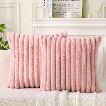 Decorative Throw Pillow with Inserts, Set of 2 Soft Faux Fur Throw Pillows, Square Boho Striped Pillow for Couch, Bed, Sofa Decor (Pink, 18" x 18"(Pack of 2))