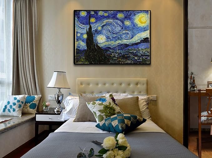 Starry Night Black Framed Wall Art, Vincent Van Gogh Canvas Print art, Classic Paintings Reproduction Pictures Poster, Abstract Artwork for Home Decor 24"x36"