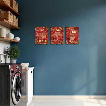 sechars Laundry Room Wall Art Wash Dry Fold Laundry Sign Painting Canvas Prints Red and Gold Bathroom Laundry Decor (Red)