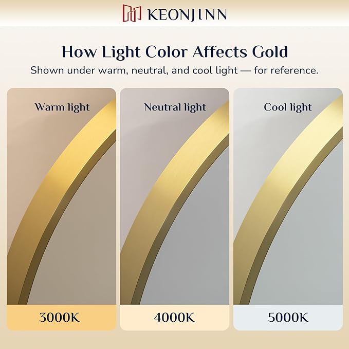 Keonjinn 32 Round LED Mirror for Bathroom with Lights, 3 Color Lights Gold Metal Framed Frontlit, Circular Wall Vanity Mirror Dimmable Makeup Mirror Anti Fog UL Listed CRI≥90