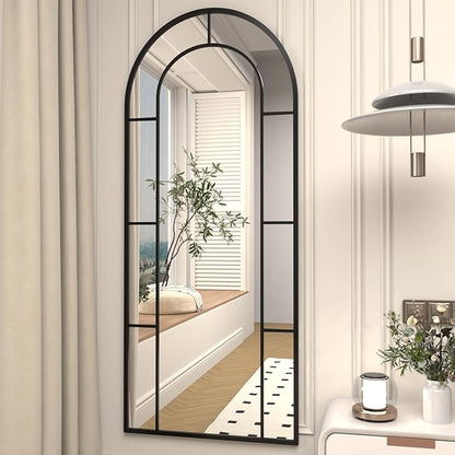Rowjut Arched Wall Mirror 56" x 22" Window ＆ Wall Decorative Mirror, Iron Framed Window Pane Mirrors, Arched Top Wall Mirror for Entryway Living Room, Bedroom, Fireplace (Black)