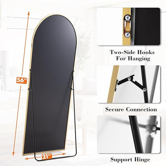 Sweetcrispy 56"x21" Arched Full Length Mirror, Full Body Mirror with Aluminum Alloy Thin Frame, Leaning or Standing, Suitable for Bedroom, Livingroom, Cloakroom, Gold