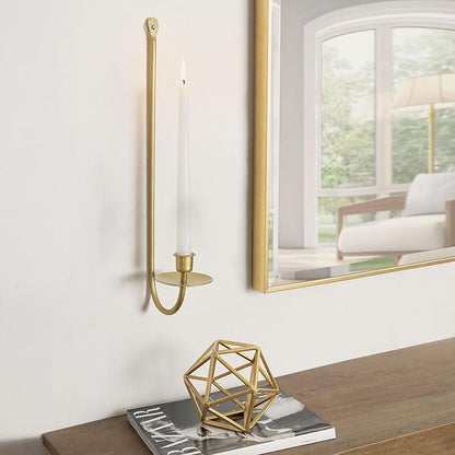 Wall Candle Holders Set of 2 Handcrafted Wrought Iron Sconces with Gold Finish, Easy to Install Modern Candle Holders for Living Room, Bedroom, Hallway, Wedding or Holiday Decor