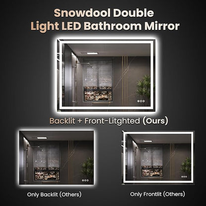 Snowdool 48"X32" LED Bathroom Mirror with Front Lights and Backlit, Anti-Fog, Dimmable, Shatter-Proof Tempered Glass, Lighted Bathroom Vanity Mirror for Wall with 3 Colors, Memory Function