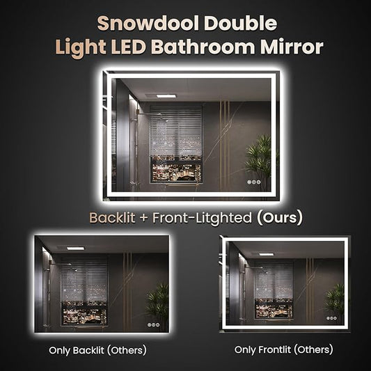 Snowdool 48"X32" LED Bathroom Mirror with Front Lights and Backlit, Anti-Fog, Dimmable, Shatter-Proof Tempered Glass, Lighted Bathroom Vanity Mirror for Wall with 3 Colors, Memory Function