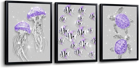 sechars Ocean Animal Wall Art Jellyfish Fish Sea Turtle Picture Prints Glam Blue and Grey Bathroom Decor Framed Artwork (Purple)
