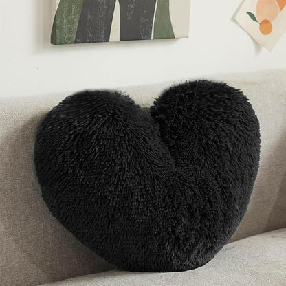 MorroMorn Fluffy Heart Throw Pillows, Shaggy Decorative Pillow for Sofa Couch Bed, Cute Room Decor Decorations for Women Girls Kids (Black)