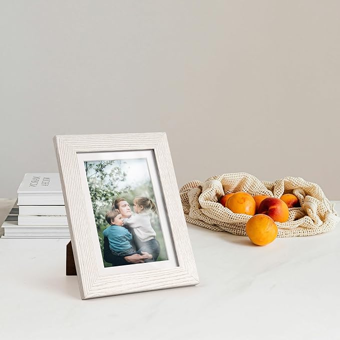 Momentworth 5x7 Picture Frame with Mat for 4x6, Rustic White Wood Grain 5 x 7 Gallery Wall Picture Frames for Tabletop or Wall Mounting(4 Pack, White)