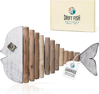 Driftwood Fish Nautical Wall Decor - Handmade Wooden Rustic Coastal Wall Art for Living Room, Bedroom, Office, Bathroom - Ocean Beach Decoration (Opal)