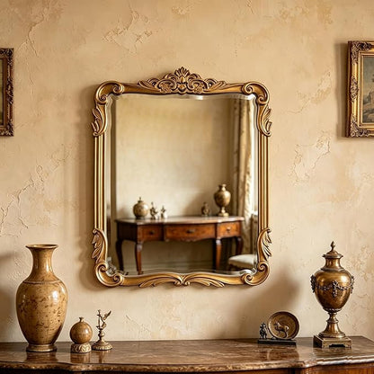 SIKOO 8x10 Inch Vintage Mirror Bronze Decorative Wall Mirror Makeup Mirror for Table Antique Home Decor Ornate Brass Arch Wall Art Resin and Premium Glass