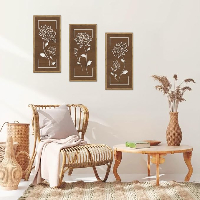 KAIRNE Floral Wooden Wall Art,Boho Flower Farmhouse Decor Set of 3(16X8),Brown Vintage Wood Hanging Decor,Bohemian Framed Wall Art,Retro Design for Living Room Bedroom Office Decor