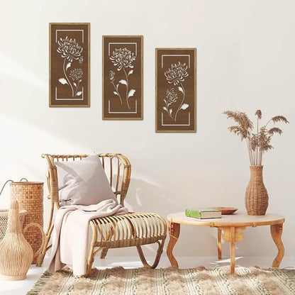 KAIRNE Floral Wooden Wall Art,Boho Flower Farmhouse Decor Set of 3(16X8),Brown Vintage Wood Hanging Decor,Bohemian Framed Wall Art,Retro Design for Living Room Bedroom Office Decor