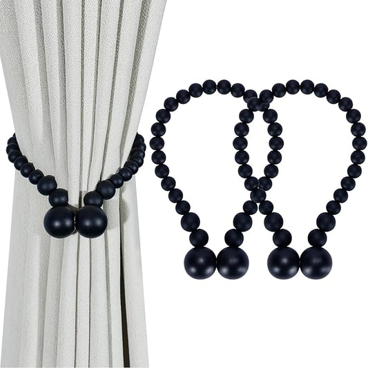 KLOGTSIND Magnetic Curtain Tiebacks, Curtain Tie Backs for Curtains 2 Pack, Wood Bead Curtain Tiebacks, Curtain Holders for Boho Bedroom Decor, Baby Nursery Decor, Farmhouse Decor