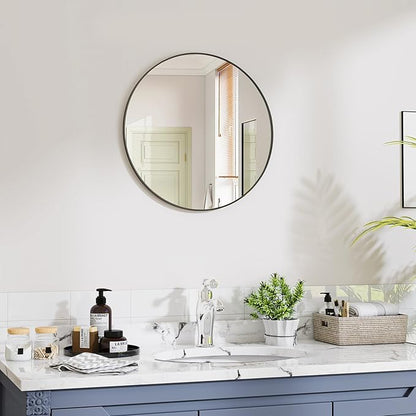 VooBang Black Round Bathroom Mirror, 20 inch Circle Wall Mounted Hanging Mirror with Simple Modern Circular Metal Frame for Hallway, Entryway, Living Room, Black Frame