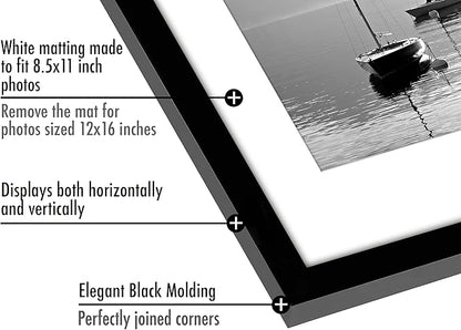 Americanflat 12x16 Picture Frame with Polished Plexiglass - Set of 5 - Use as 8.5x11 Frame with Mat or Display 12x16 Photo Without Mat - Galleria Collection - Picture Frames for Wall Display - Black