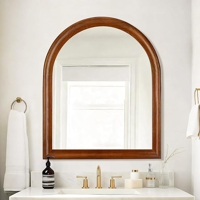 Tanmicoshomy Brown Wood Framed Arched Bathroom Mirror 30x36 Inch, Wall Mirrors with Tempered Glass for Living Room, Bedroom or Entryway