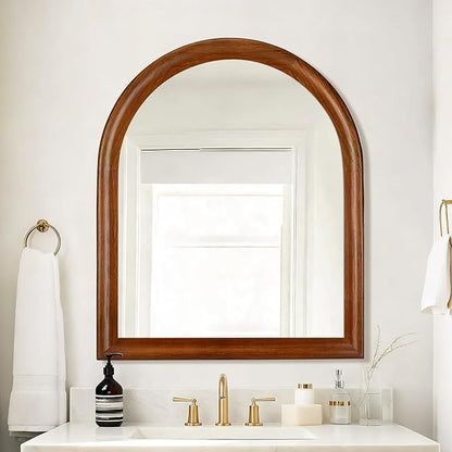 Tanmicoshomy Brown Wood Framed Arched Bathroom Mirror 30x36 Inch, Wall Mirrors with Tempered Glass for Living Room, Bedroom or Entryway