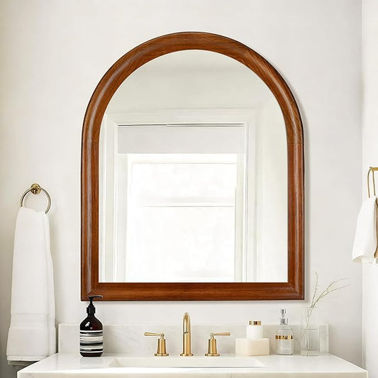 Tanmicoshomy Brown Wood Framed Arched Bathroom Mirror 30x36 Inch, Wall Mirrors with Tempered Glass for Living Room, Bedroom or Entryway