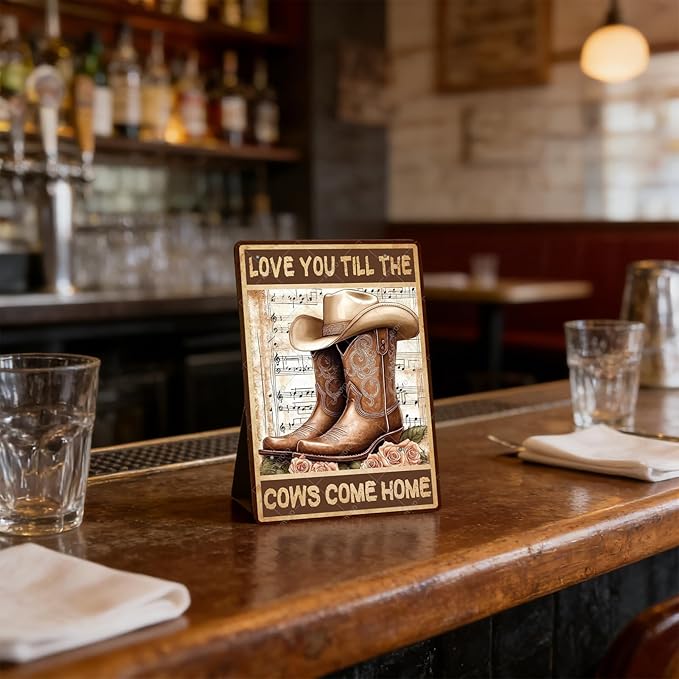 Vintage Flowers Cowgirl Boots Metal Tin Sign Love You Till The Cows Come Home Vintage Painting Tin Signs Retro Wall Poster for Home Office Cowboys Club Farm Decoration 12x8 Inch