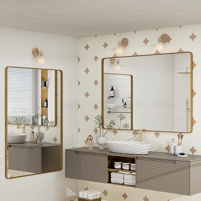 2 Pack of 22x30 Gold Bathroom Mirror, Rounded Rectangle Gold Frame Mirror, Brushed Gold Brass Bathroom Vanity Mirror Wall-Mounted, Anti-Rust, Hangs Horizontally or Vertically