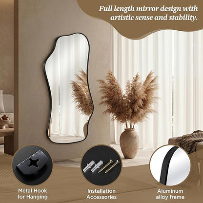 Bathroom Mirrors for Over Sink-Horizontal or Vertical Hanging 47.2"x21.6" Black Asymmetrical Wavy Aluminum Frame Decorative Full Body Mirror for Living Room,Bedroom,Cloakroom,Entryway