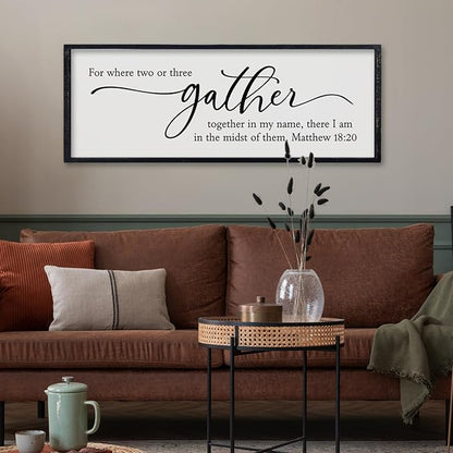 comurdyo Dining Room Wall Decor For Where Two Or Three Gather Sign 32X12 Inch Bible Verse Prayer Matthew 18:20 for Large Modern Farmhouse Simple kitchen Wooden Framed Plaque Hanging Art (Black)