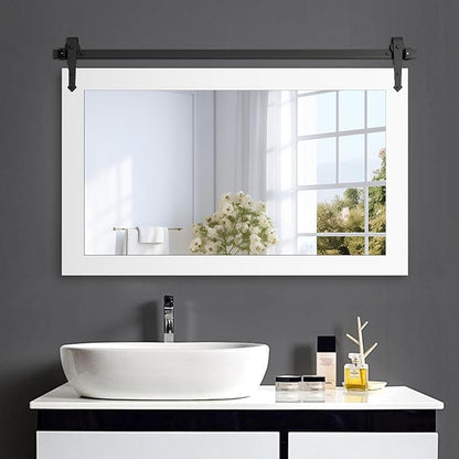 Farmhouse Barn Door Mirror - 42" x 28" Rustic Wood Framed Wall Mirror for Bathroom, Living Room, Bedroom Wall Decor (Bright White)