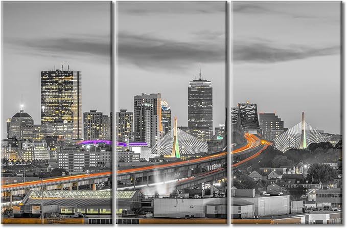 TUMOVO 3 Piece Wall Decor American Cityscape Canvas Paintings for Bedroom, Bathroom, Office. Boston Skyscrapers Nighttime Lightscape House Decor Print on Canvas Framed Ready to Hang (42" Wx28 H)