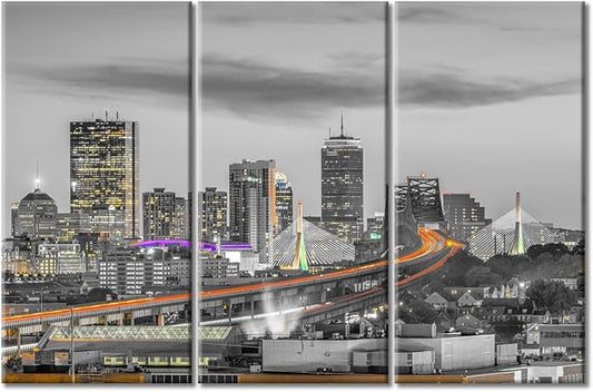 TUMOVO 3 Piece Wall Decor American Cityscape Canvas Paintings for Bedroom, Bathroom, Office. Boston Skyscrapers Nighttime Lightscape House Decor Print on Canvas Framed Ready to Hang (42" Wx28 H)