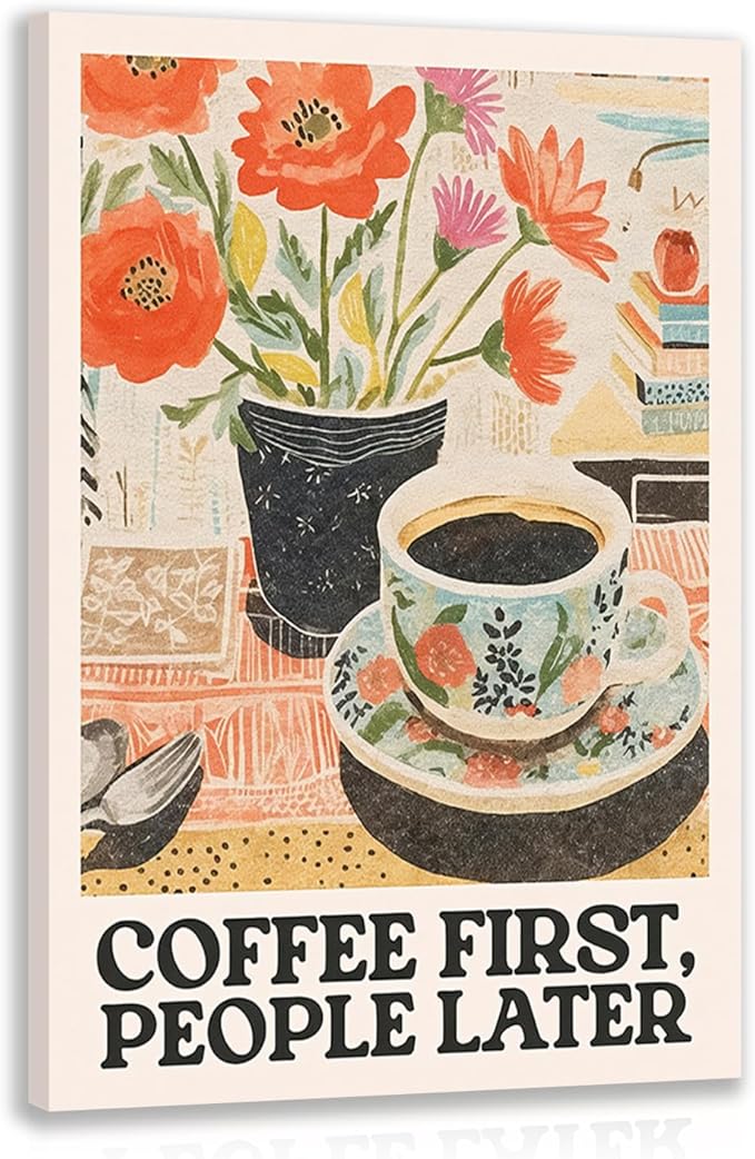 GELDSTEI Framed Retro Coffee Wall Art, Vintage Cafe Wall Decor, Coffee First People Later Canvas Painting, Classical Cafe Bar Poster Print for Kitchen Dining Room Home Office Ready to Hang 12x16 Inch