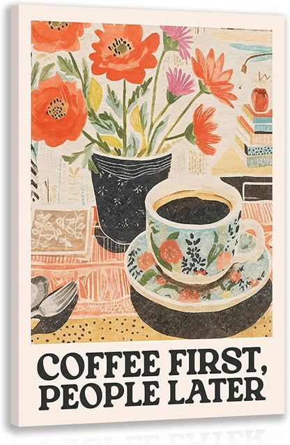 GELDSTEI Framed Retro Coffee Wall Art, Vintage Cafe Wall Decor, Coffee First People Later Canvas Painting, Classical Cafe Bar Poster Print for Kitchen Dining Room Home Office Ready to Hang 12x16 Inch