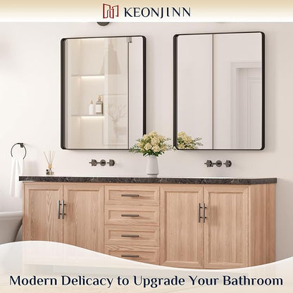 Keonjinn Black Bathroom Mirror, 30 x 36 Inch Rounded Rectangle Sandblasted Finish Bathroom Mirrors for Over Sink, Matte Black Farmhouse Mirror with Seamless Frame, HD Tempered Glass Vanity Mirror