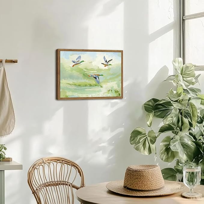 Vintage Mallard Duck Wall Art Cottagecore Flying Ducks Wall Decor Painting Rustic Bird Animal Landscape 3D Textured Hand Drawn Sandstone Artwork for Living Room Bedroom 12x16 inch Framed