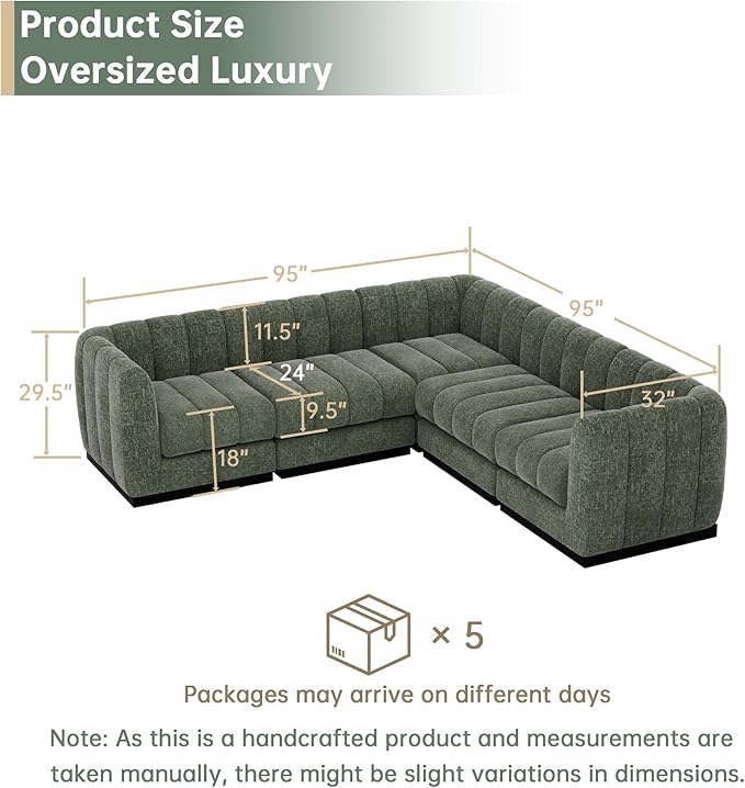 Morden Fort 5-Seater L-Shaped Modular Sectional Sofa, Deep Seat Chenille Couch for Living Room, Modern Modular Corner Sofa with High-Density Foam Cushions, Comfy Apartment Couch, Green