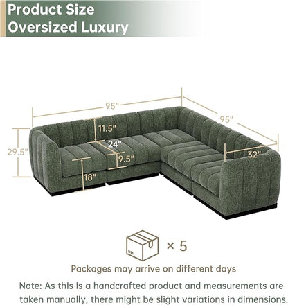 Morden Fort 5-Seater L-Shaped Modular Sectional Sofa, Deep Seat Chenille Couch for Living Room, Modern Modular Corner Sofa with High-Density Foam Cushions, Comfy Apartment Couch, Green
