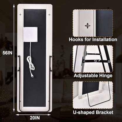 GLSLAND LED Full Length Mirror - 56" x 20" Floor Standing Mirror with Light for Bedroom/Cloakroom -Dimmable & 3 Color Lighting/Wall Mounted Full Body Mirrors