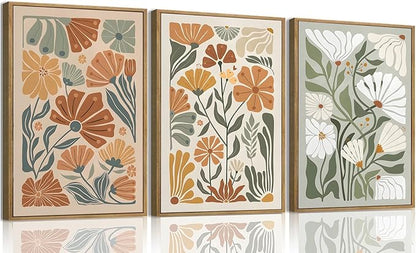 KISSFOX Framed Canvas Wall Art Abstract Floral Botanical Print Set of 3 Green Beige Wildflower Flower Market Paintings Boho Modern Minimalist Pictures Decor Bedroom Bathroom Living Room 16"x24"