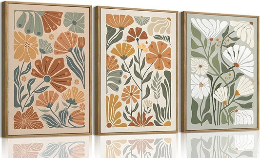 KISSFOX Framed Canvas Wall Art Abstract Floral Botanical Print Set of 3 Green Beige Wildflower Flower Market Paintings Boho Modern Minimalist Pictures Decor Bedroom Bathroom Living Room 16"x24"