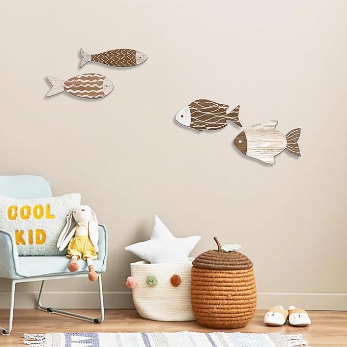 4 Pieces Wooden Fish Wall Decor Set, 12 Inch Coastal Wall Art for Bathroom, Beach House, Family Rooms - with Hooks & Adhesive Pads (Brown)