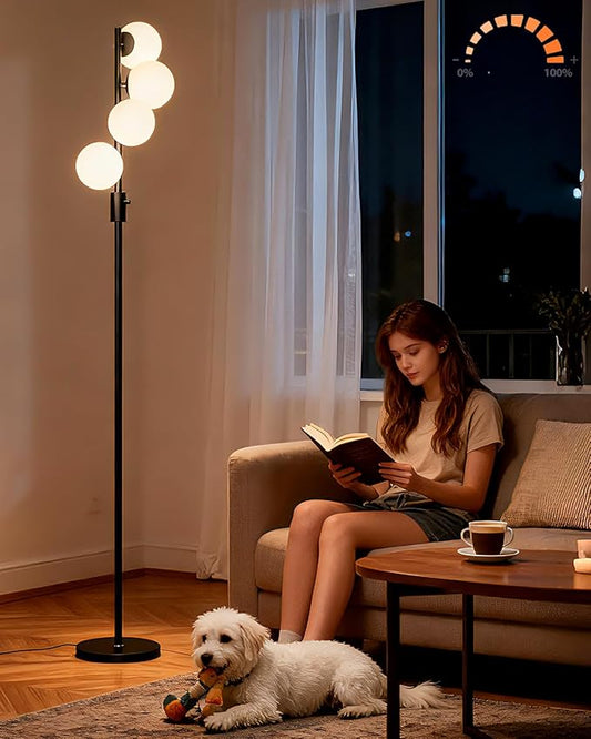 Lightdot 64IN Dimmable Globe Floor Lamp, Black Standing Lamps with 4PCS 3000K Bulbs Included, Mid Century Modern Floor Lamp with 5Lbs Heavy Base for Living Room/Sofa Beside/Corner Decor