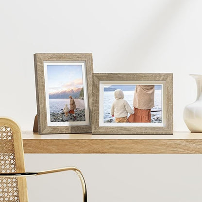 Vittanly 5x7 Picture Frames Set of 9, Display 4x6 Pictures with Mat or 5x7 without Mat, Photo Frames for Wall or Tabletop with Plexiglass, Engineered Wood, Light Wood