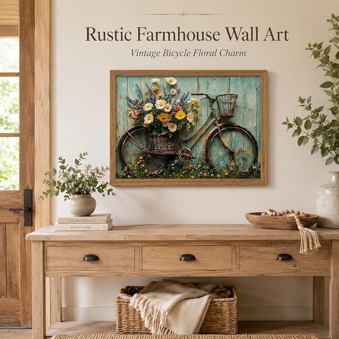 Framed Rustic Farmhouse Daisy Wall art Vintage Bicycle Flowers Painting Picture Wall Decor Flower Still Life Poster Print Artwork for Bathroom Living Room Bedroom Home Decoration