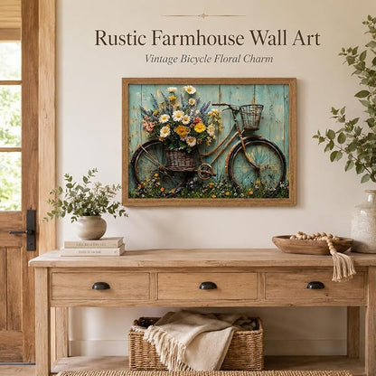 Framed Rustic Farmhouse Daisy Wall art Vintage Bicycle Flowers Painting Picture Wall Decor Flower Still Life Poster Print Artwork for Bathroom Living Room Bedroom Home Decoration